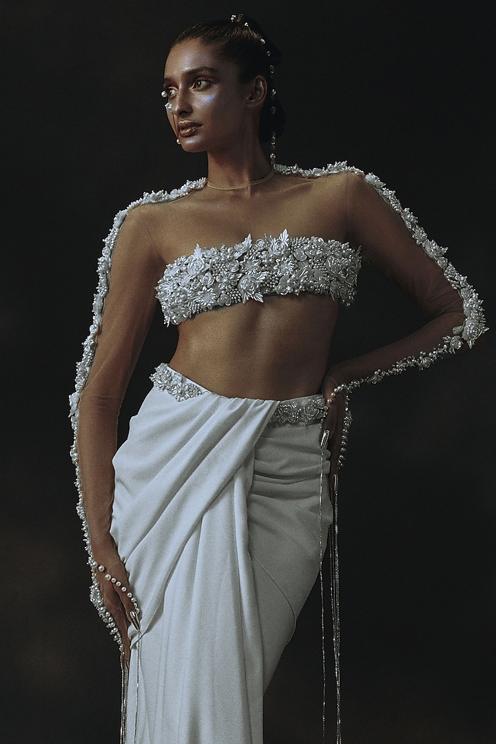 White Volvo & Net Embroidered Draped Skirt Set by Nikhil Thampi at Pernia's Pop Up Shop