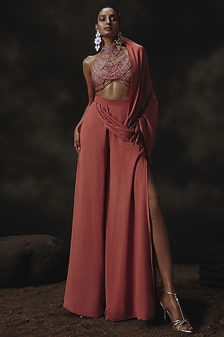 Pink Georgette Embroidered Palazzo Pant Set by Nikhil Thampi