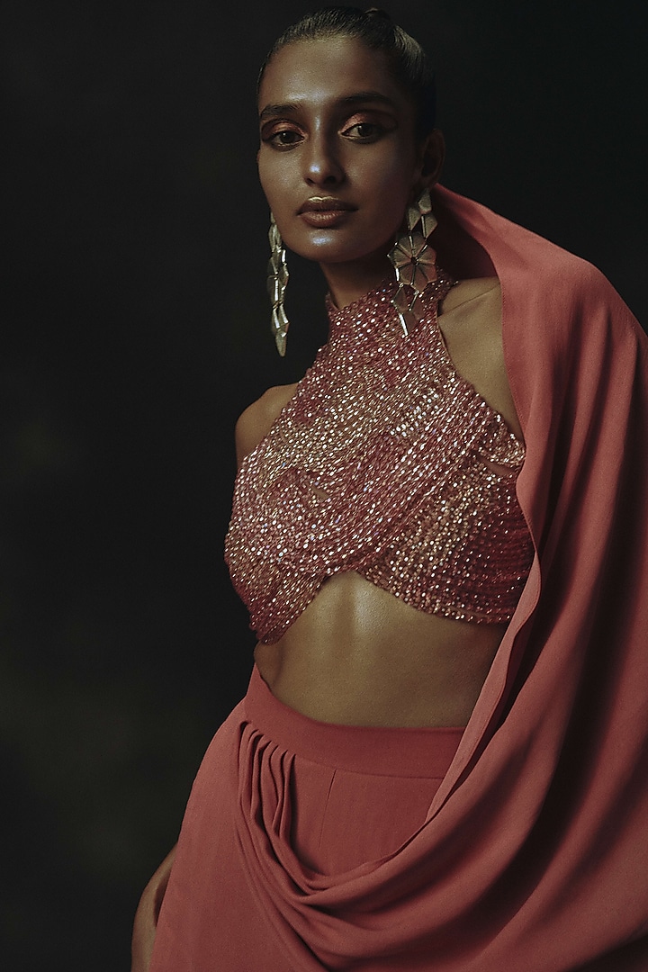 Pink Georgette Embroidered Palazzo Pant Set by Nikhil Thampi at Pernia's Pop Up Shop