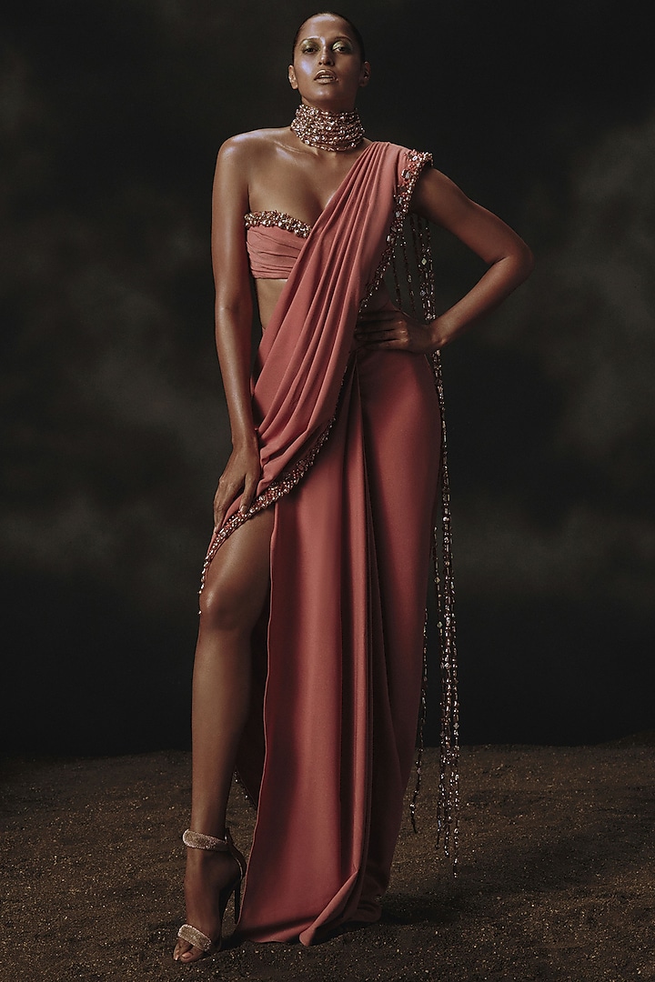 Pink Volvo Pre-Stitched Wedding Saree Set by Nikhil Thampi at Pernia's Pop Up Shop
