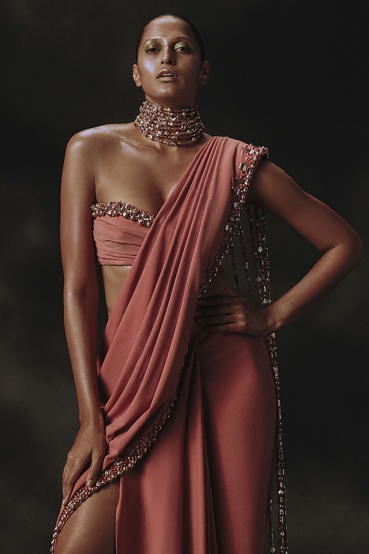 Pink Volvo Pre-Stitched Wedding Saree Set by Nikhil Thampi at Pernia's Pop Up Shop