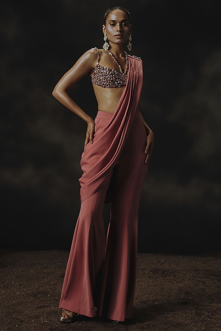 Pink Volvo Pant Wedding Saree Set by Nikhil Thampi at Pernia's Pop Up Shop