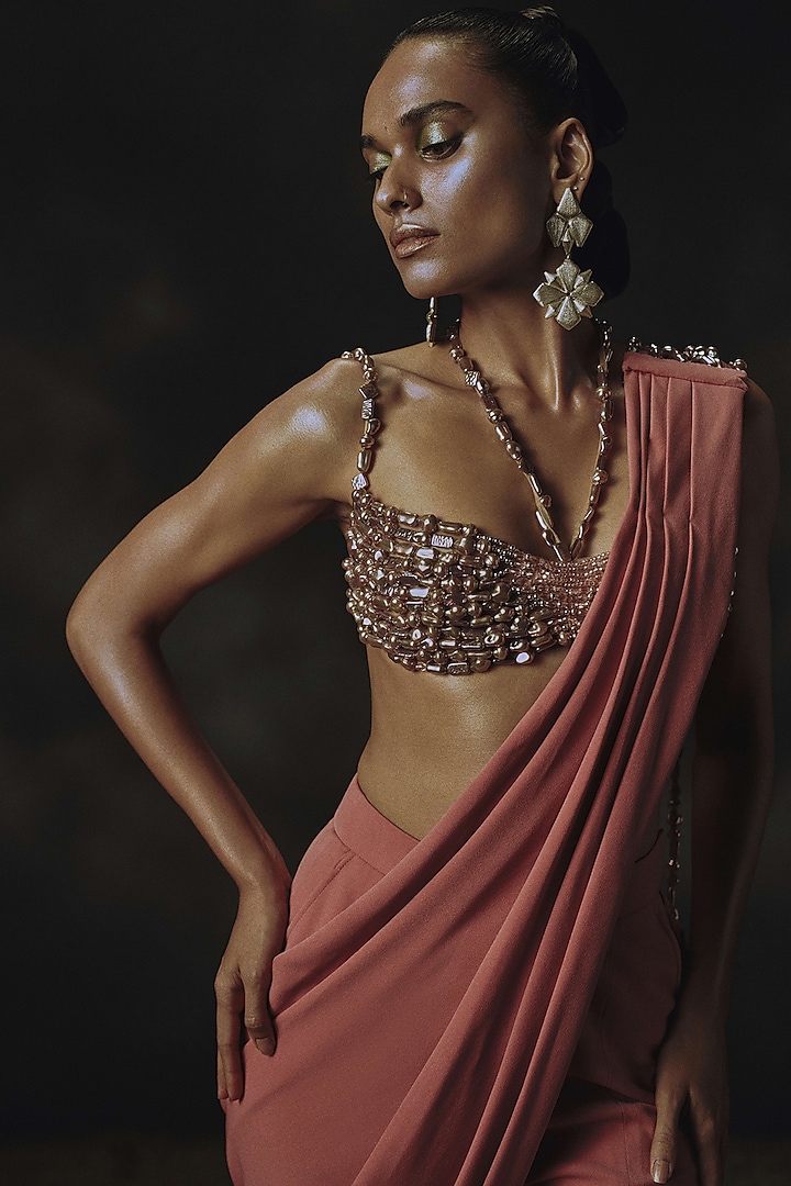 Pink Volvo Pant Wedding Saree Set by Nikhil Thampi at Pernia's Pop Up Shop
