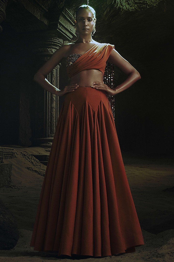 Rust Volvo Flared Kali Wedding Lehenga Set by Nikhil Thampi at Pernia's Pop Up Shop