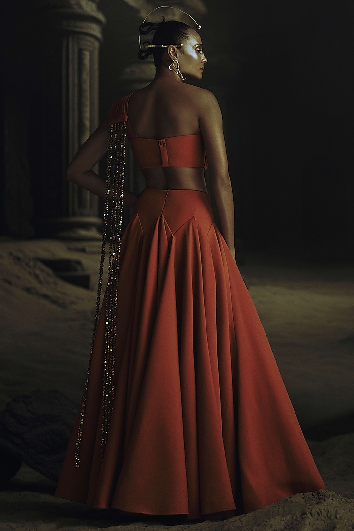Rust Volvo Flared Kali Wedding Lehenga Set by Nikhil Thampi at Pernia's Pop Up Shop