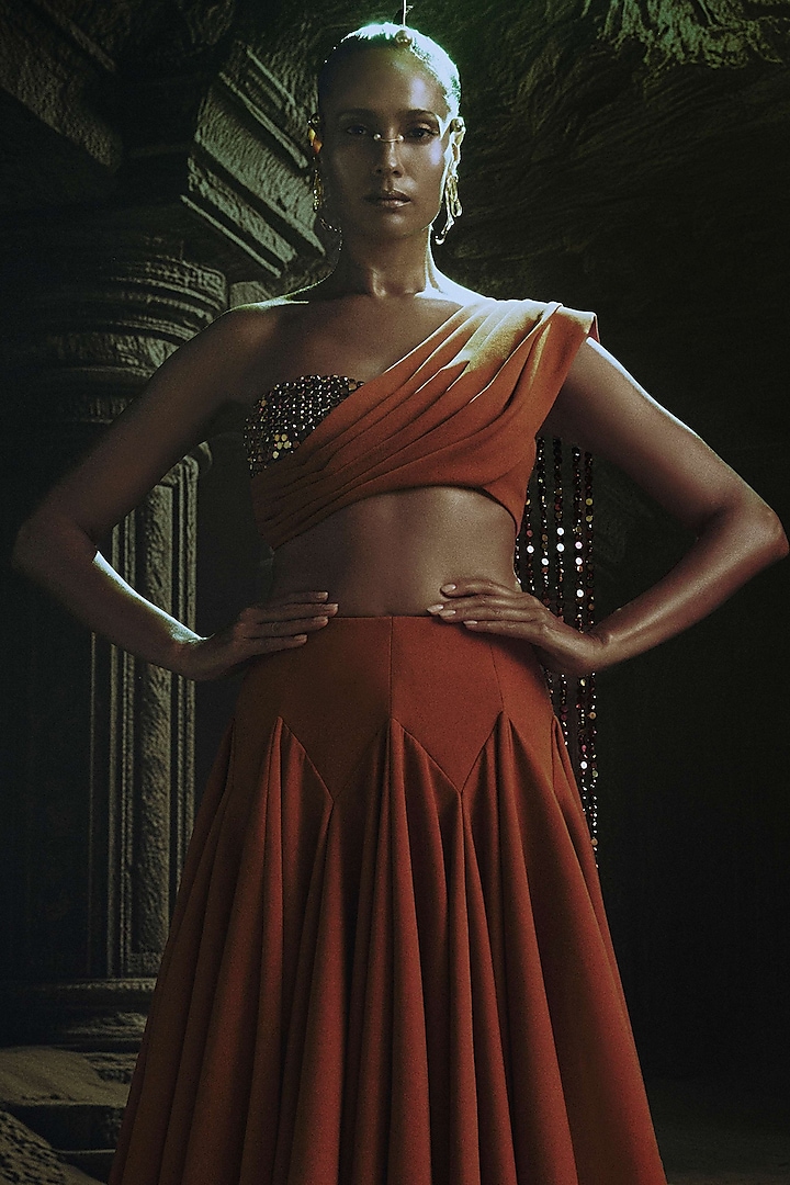 Rust Volvo Flared Kali Wedding Lehenga Set by Nikhil Thampi at Pernia's Pop Up Shop
