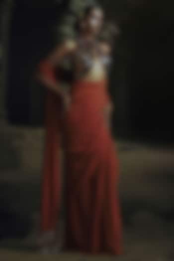 Rust Volvo Pre-Stitched Reception Saree Set by Nikhil Thampi at Pernia's Pop Up Shop