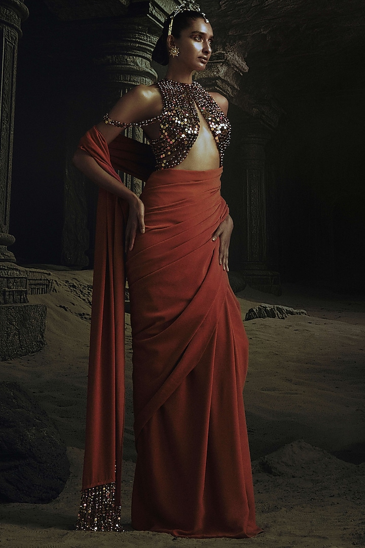 Rust Volvo Pre-Stitched Reception Saree Set by Nikhil Thampi at Pernia's Pop Up Shop