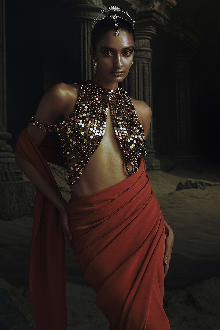 Rust Volvo Pre-Stitched Reception Saree Set by Nikhil Thampi at Pernia's Pop Up Shop