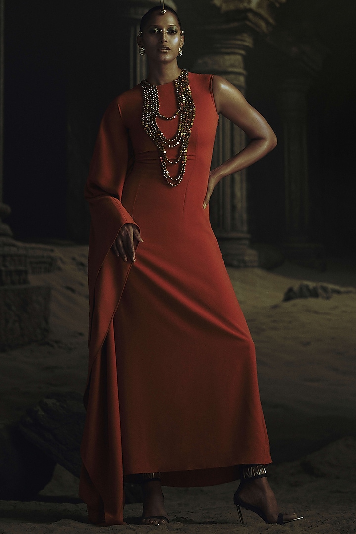 Rust Volvo Bead Embroidered Kaftan by Nikhil Thampi at Pernia's Pop Up Shop