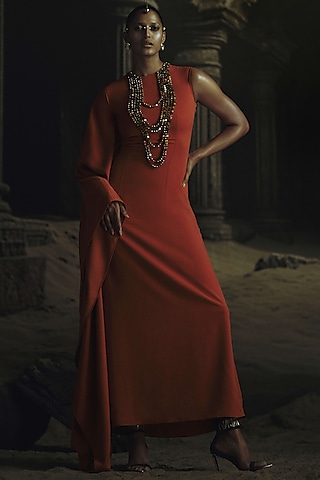 Rust Volvo Bead Embroidered Kaftan by Nikhil Thampi