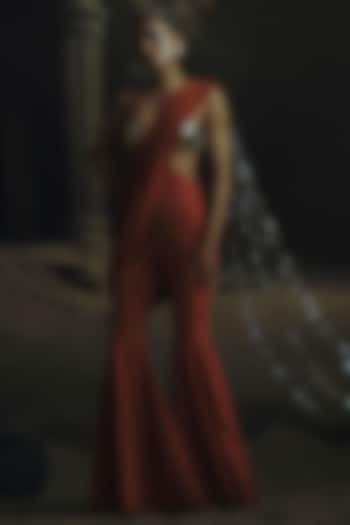 Rust Volvo Metallic Bead Embroidered Jumpsuit Wedding Saree by Nikhil Thampi at Pernia's Pop Up Shop