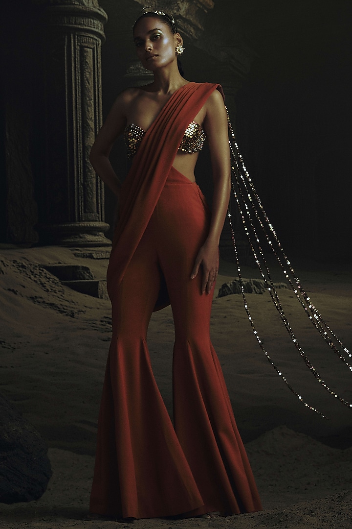 Rust Volvo Metallic Bead Embroidered Jumpsuit Wedding Saree by Nikhil Thampi at Pernia's Pop Up Shop