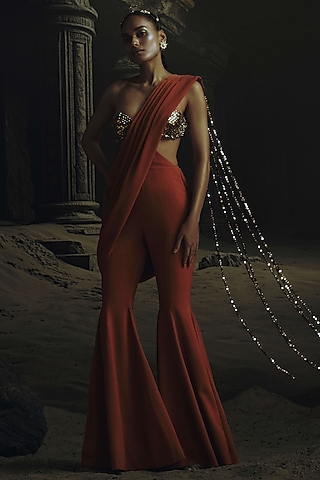 Rust Volvo Metallic Bead Embroidered Jumpsuit Saree by Nikhil Thampi
