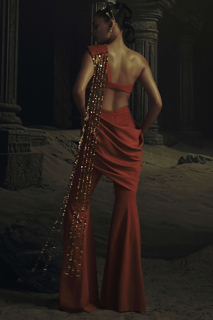 Rust Volvo Metallic Bead Embroidered Jumpsuit Wedding Saree by Nikhil Thampi at Pernia's Pop Up Shop