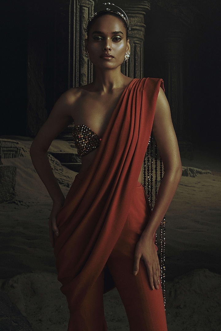 Rust Volvo Metallic Bead Embroidered Jumpsuit Wedding Saree by Nikhil Thampi at Pernia's Pop Up Shop