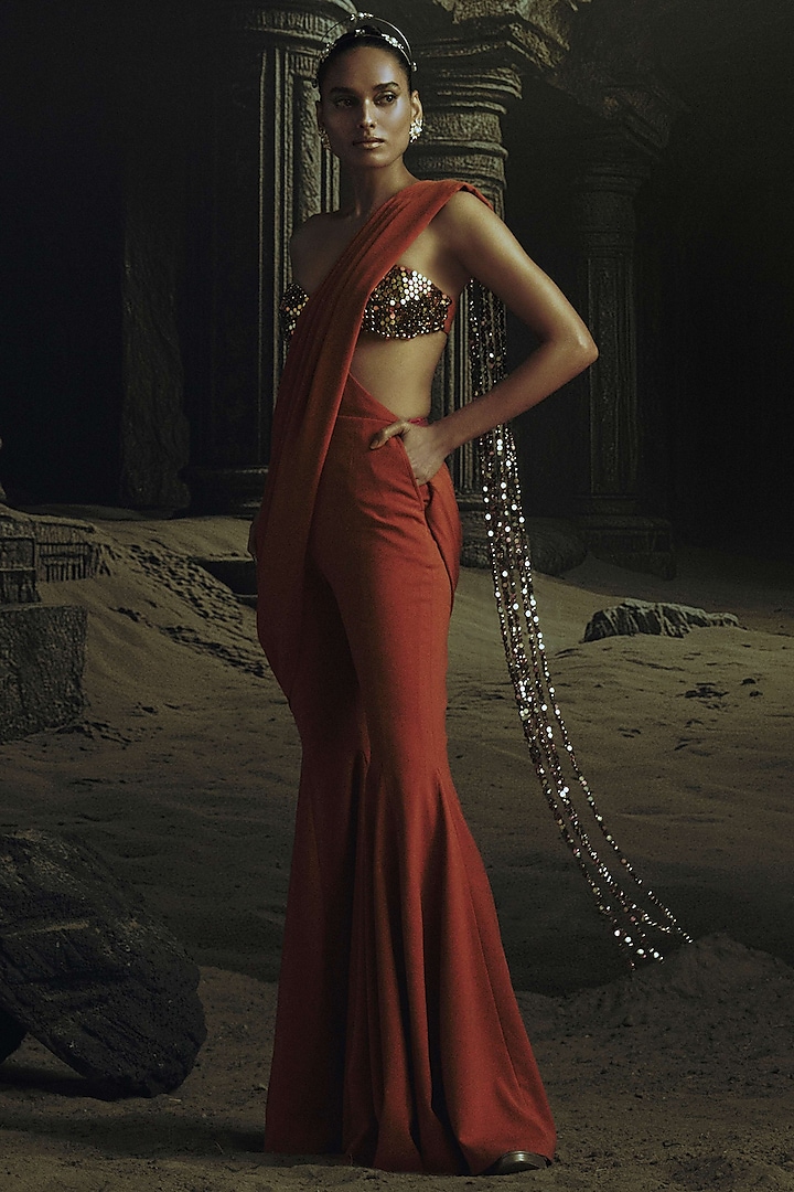 Rust Volvo Metallic Bead Embroidered Jumpsuit Wedding Saree by Nikhil Thampi at Pernia's Pop Up Shop
