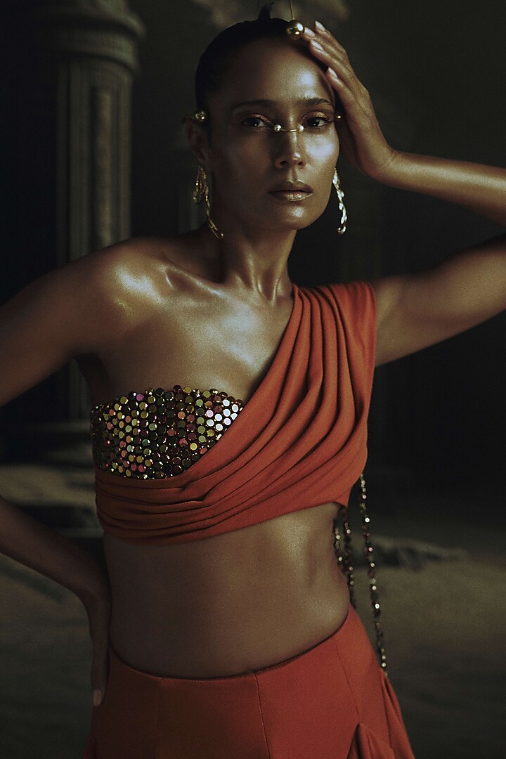 Rust Volvo Metallic Bead Embroidered Jumpsuit Wedding Saree by Nikhil Thampi at Pernia's Pop Up Shop