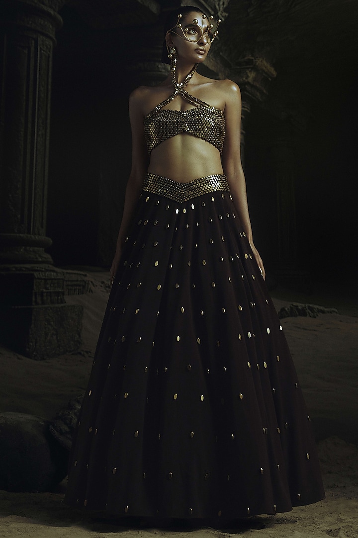 Cocoa Brown Volvo Metallic Bead Embroidered Wedding Lehenga Set by Nikhil Thampi at Pernia's Pop Up Shop