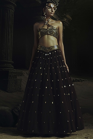 Cocoa Brown Volvo Metallic Bead Embroidered Lehenga Set by Nikhil Thampi