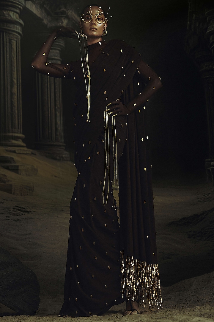 Brown Volvo Bead Embroidered Pre-Stitched Reception Saree Set by Nikhil Thampi at Pernia's Pop Up Shop