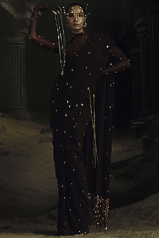 Brown Volvo Bead Embroidered Pre-Stitched Saree Set by Nikhil Thampi