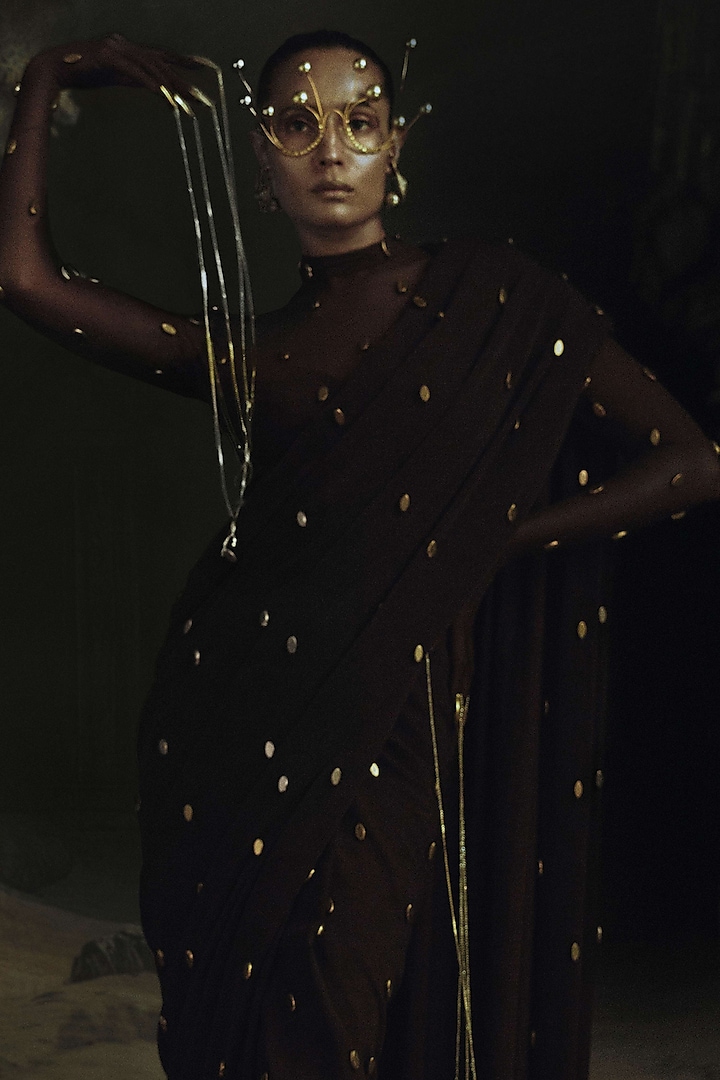 Brown Volvo Bead Embroidered Pre-Stitched Reception Saree Set by Nikhil Thampi at Pernia's Pop Up Shop