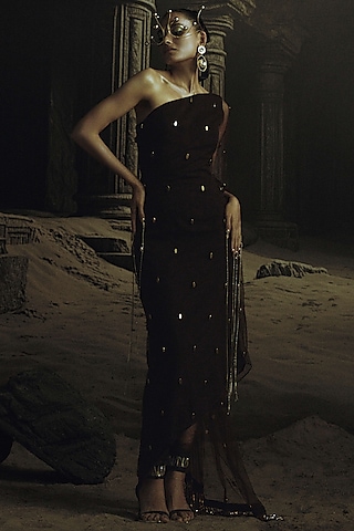 Cocoa Brown Volvo & Net Bead Embroidered Kaftan Saree Set by Nikhil Thampi
