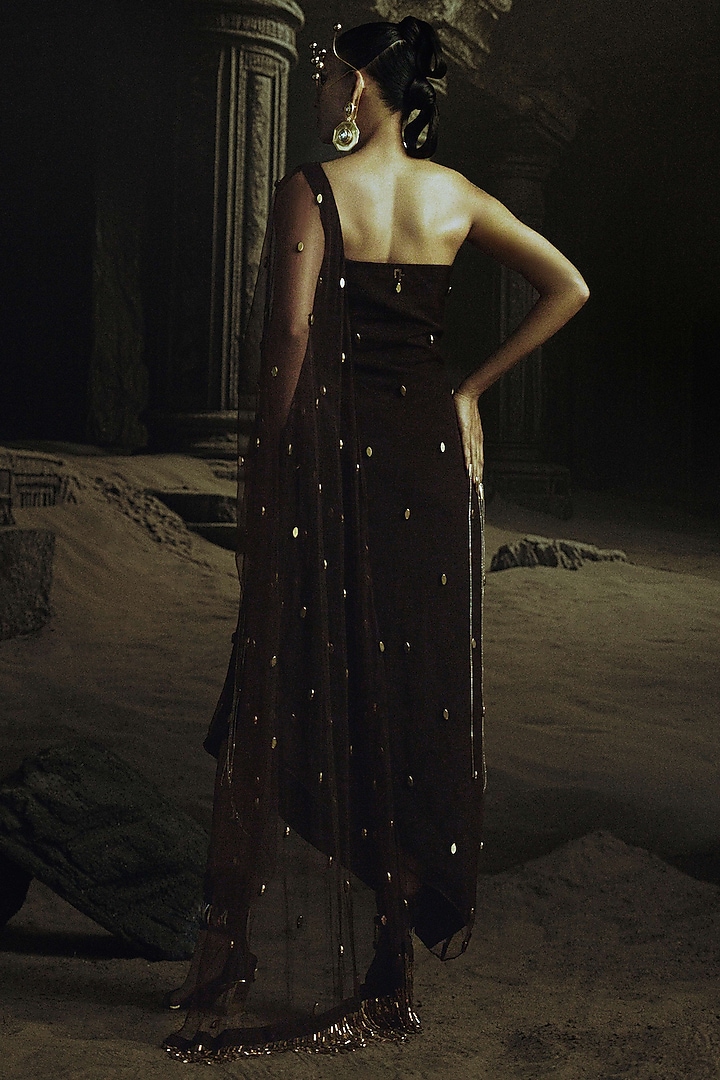 Cocoa Brown Volvo & Net Bead Embroidered Kaftan Wedding Saree Set by Nikhil Thampi at Pernia's Pop Up Shop