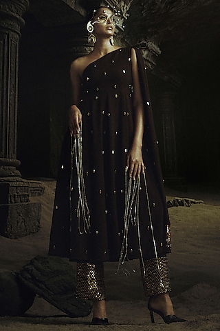 Cocoa Brown Volvo Bead Embroidered Anarkali Set by Nikhil Thampi