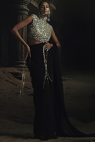 Black Georgette Pre-Stitched Saree Set by Nikhil Thampi