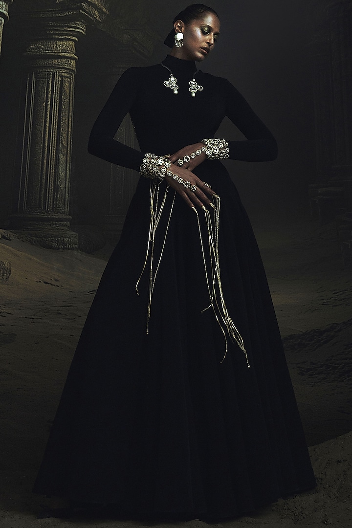 Black Volvo Kundan Embellished Bridal Anarkali by Nikhil Thampi at Pernia's Pop Up Shop