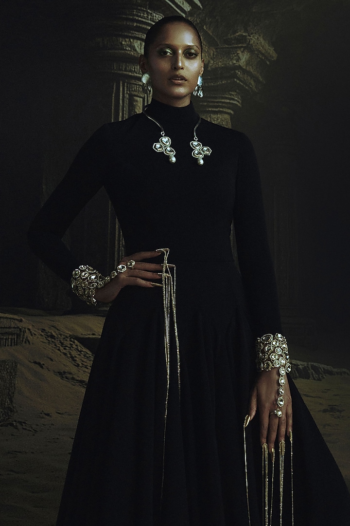 Black Volvo Kundan Embellished Bridal Anarkali by Nikhil Thampi at Pernia's Pop Up Shop