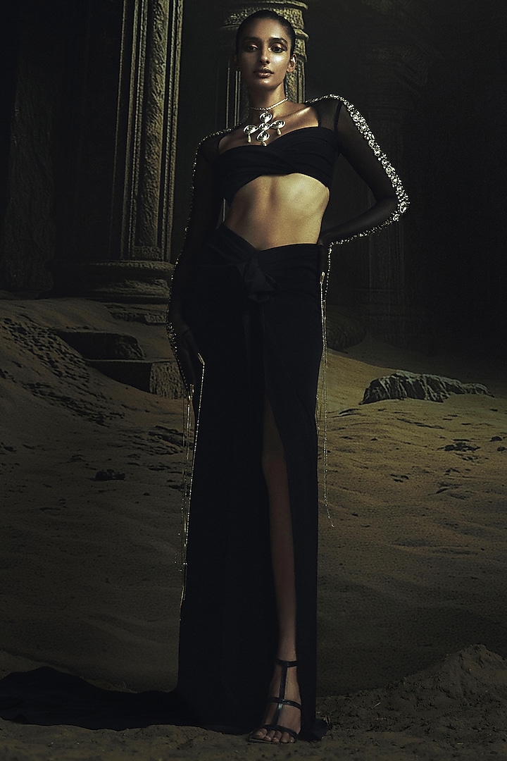 Black Volvo Draped Skirt Set by Nikhil Thampi at Pernia's Pop Up Shop