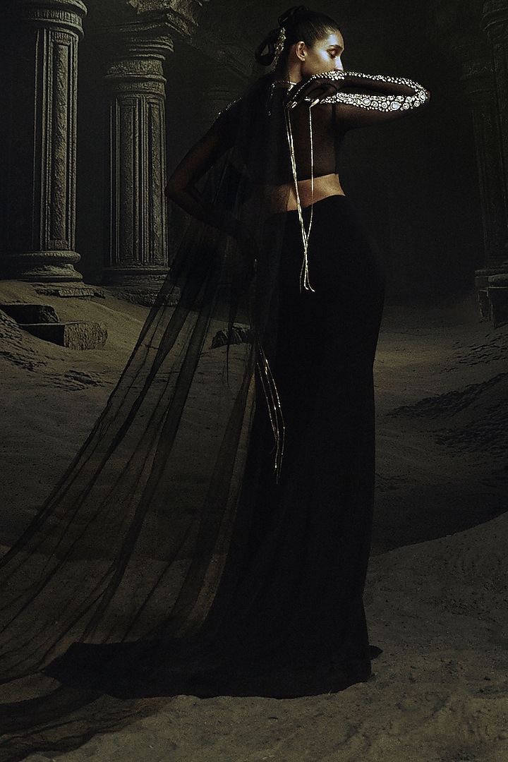 Black Volvo Draped Skirt Set by Nikhil Thampi at Pernia's Pop Up Shop