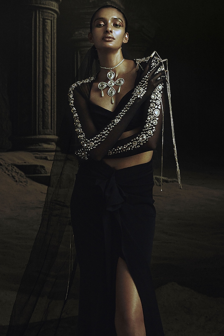 Black Volvo Draped Skirt Set by Nikhil Thampi at Pernia's Pop Up Shop