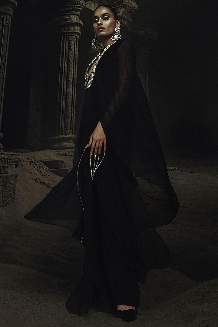 Black Georgette & Volvo Kundan Embroidered Kaftan Set by Nikhil Thampi at Pernia's Pop Up Shop