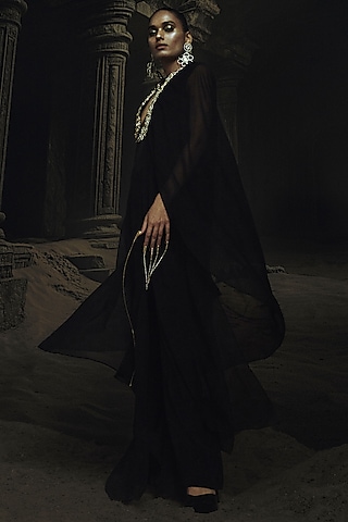 Black Georgette & Volvo Kundan Embroidered Kaftan Set by Nikhil Thampi