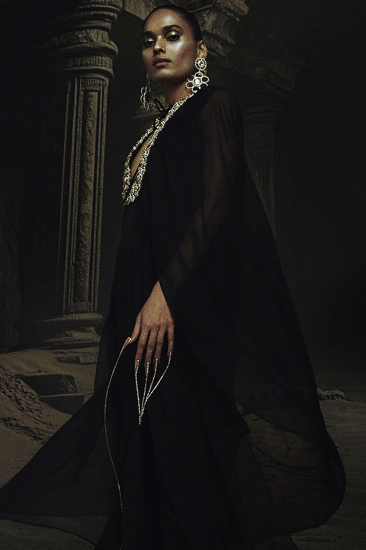 Black Georgette & Volvo Kundan Embroidered Kaftan Set by Nikhil Thampi at Pernia's Pop Up Shop