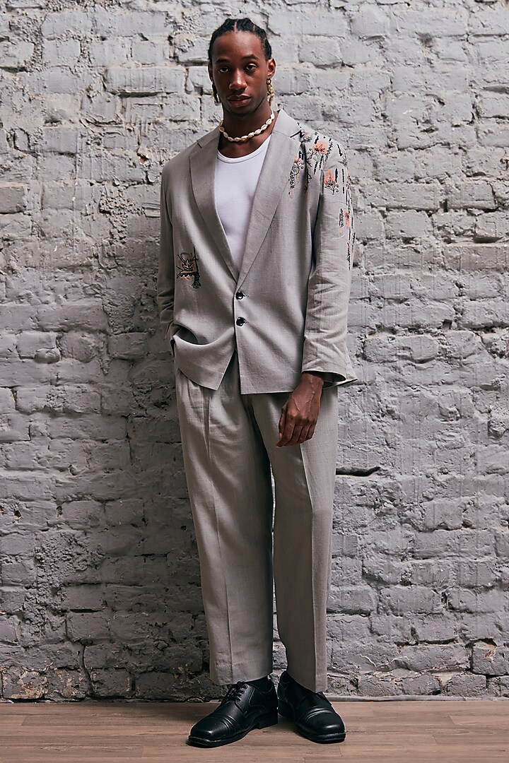 Grey Linen Embroidered Jacket Set by Not So Couture at Pernia's Pop Up Shop