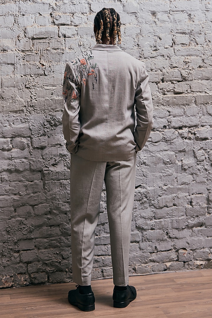 Grey Linen Embroidered Jacket Set by Not So Couture at Pernia's Pop Up Shop
