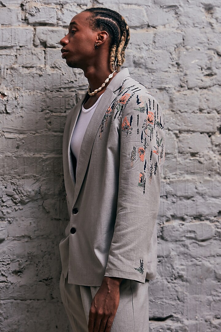 Grey Linen Embroidered Jacket Set by Not So Couture at Pernia's Pop Up Shop
