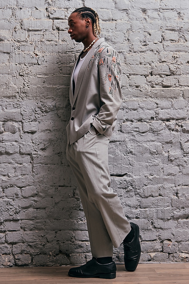 Grey Linen Embroidered Jacket Set by Not So Couture at Pernia's Pop Up Shop