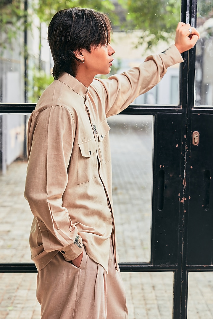 Beige Linen Embroidered Co-Ord Set by Not So Couture at Pernia's Pop Up Shop