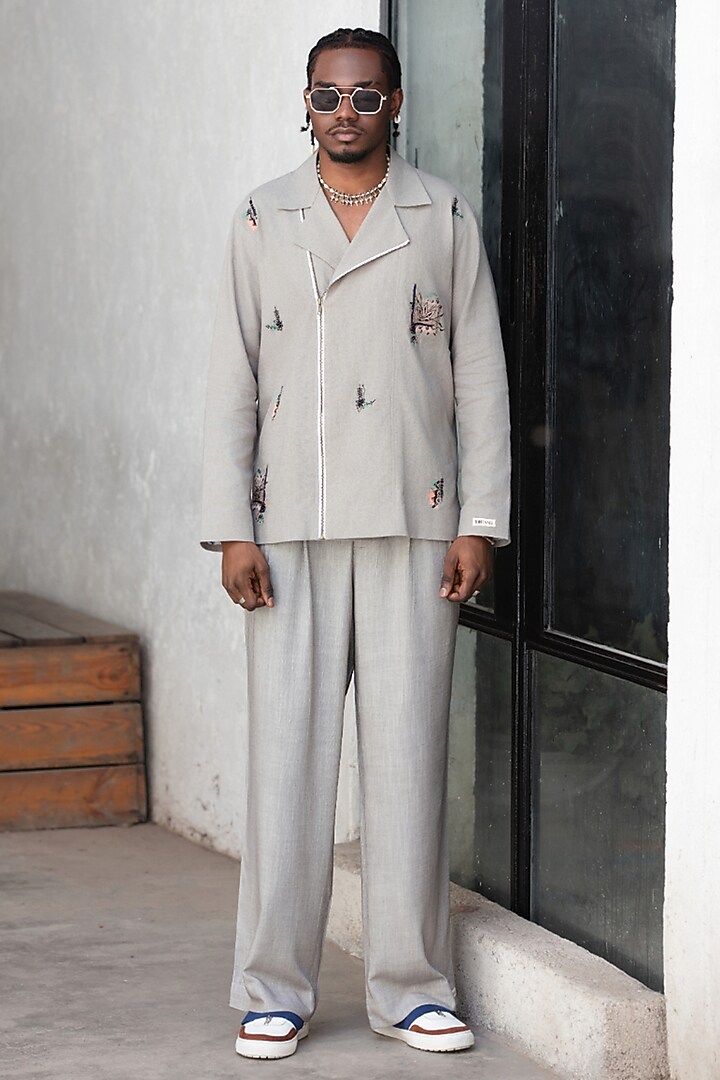 Grey Linen Blend Jacket Set by Not So Couture at Pernia's Pop Up Shop