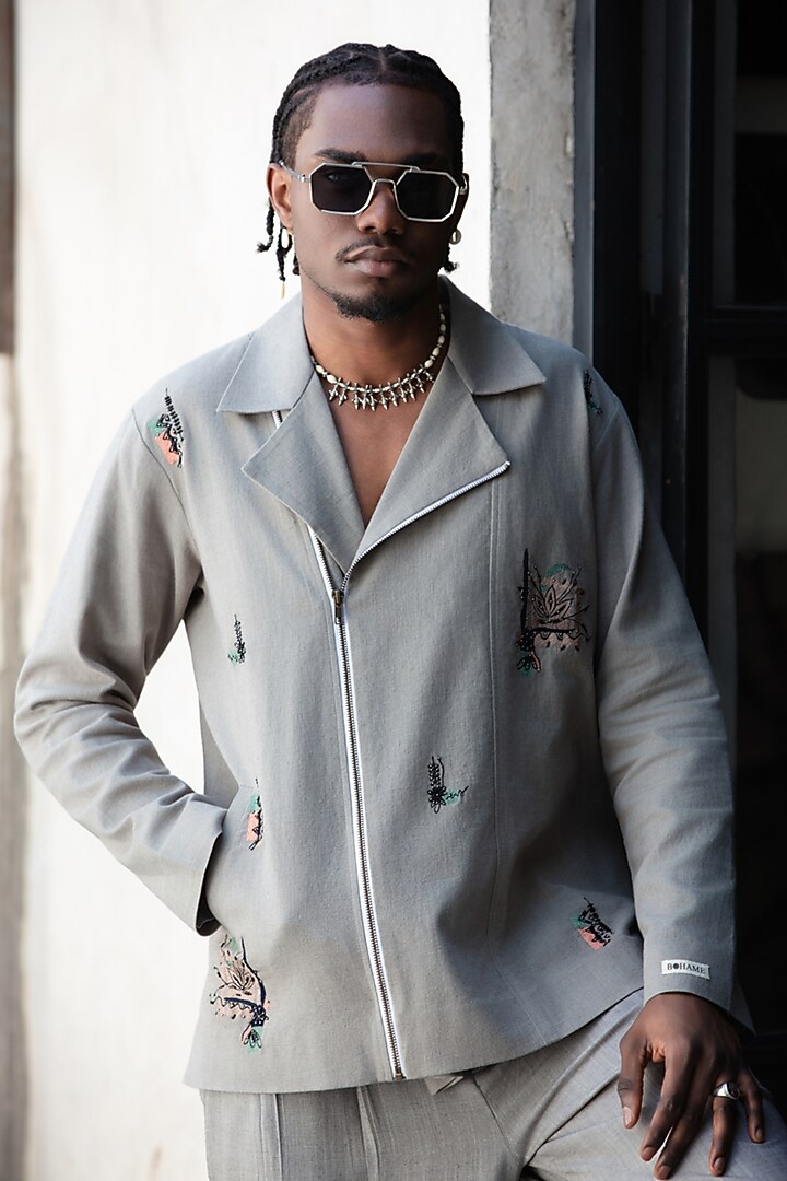 Grey Linen Blend Jacket Set by Not So Couture at Pernia's Pop Up Shop