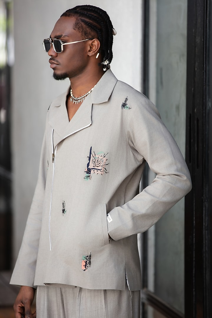 Grey Linen Blend Jacket Set by Not So Couture at Pernia's Pop Up Shop