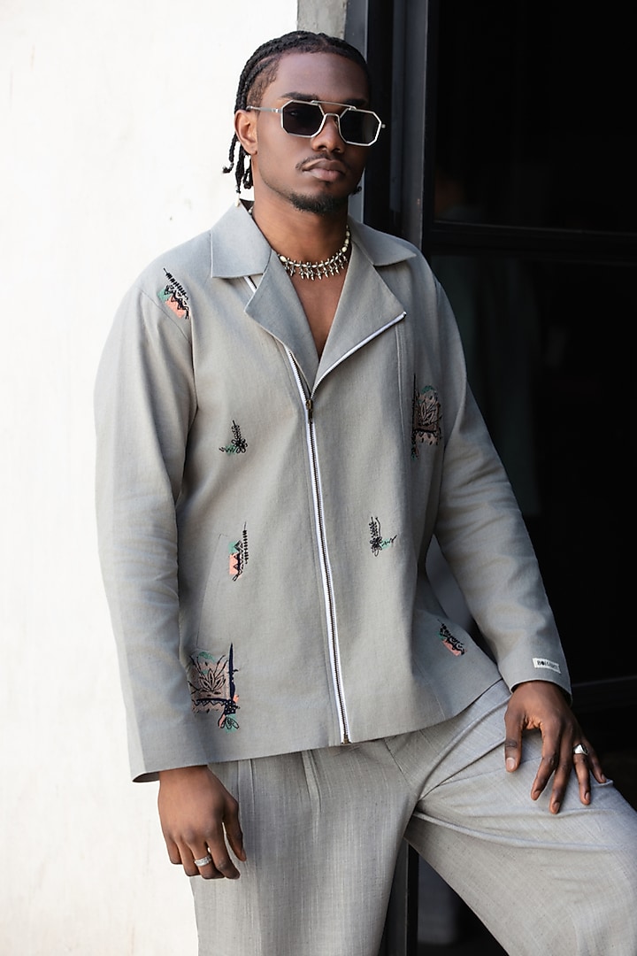 Grey Linen Blend Jacket Set by Not So Couture at Pernia's Pop Up Shop