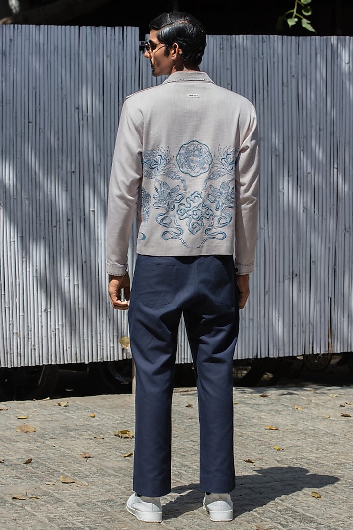 Mauve Grey Linen Blend Embroidered Jacket by Not So Couture at Pernia's Pop Up Shop