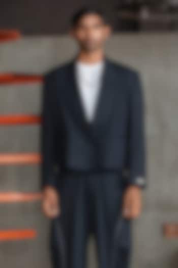 Navy Blue Linen Blend Double-Breasted Blazer by Not So Couture at Pernia's Pop Up Shop